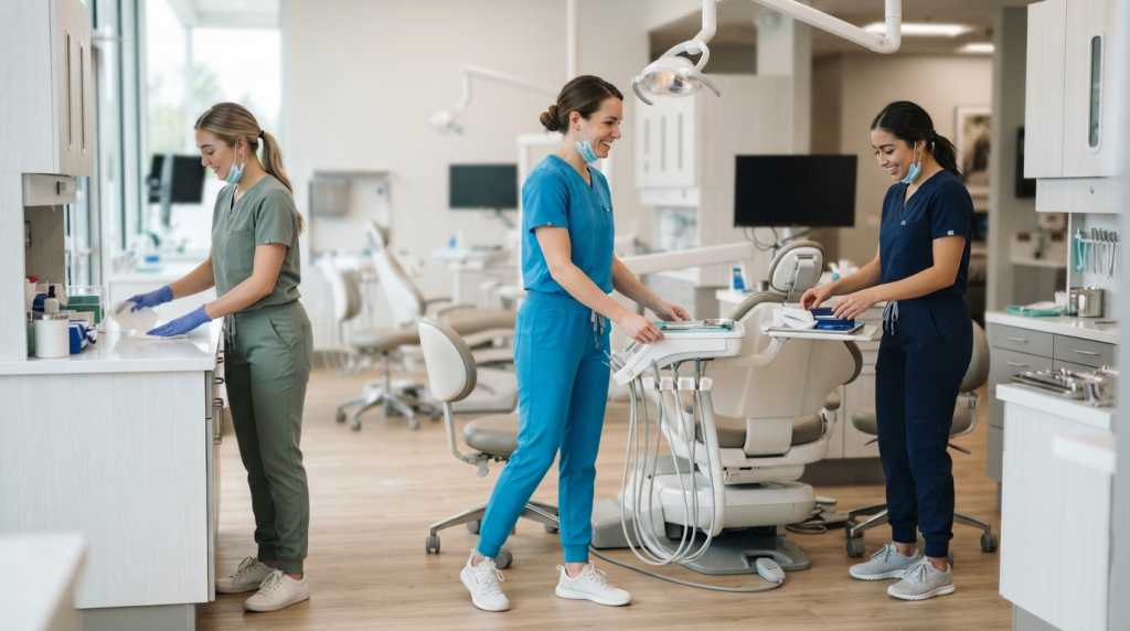 Dental healthcare professionals wearing coordinated scrub uniforms during a modern patient-care workflow