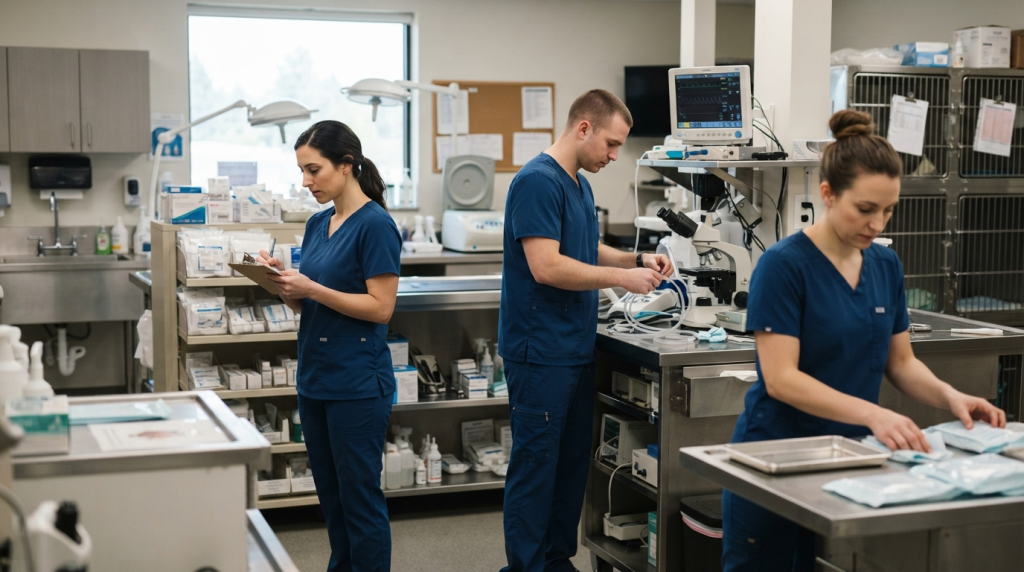 Veterinary clinic team organizing supplies while wearing coordinated performance scrub uniforms