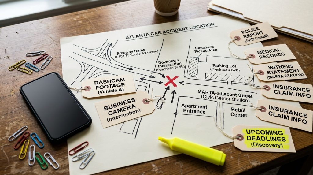 Atlanta car accident location evidence map with freeway ramp downtown rideshare parking lot MARTA area and camera notes