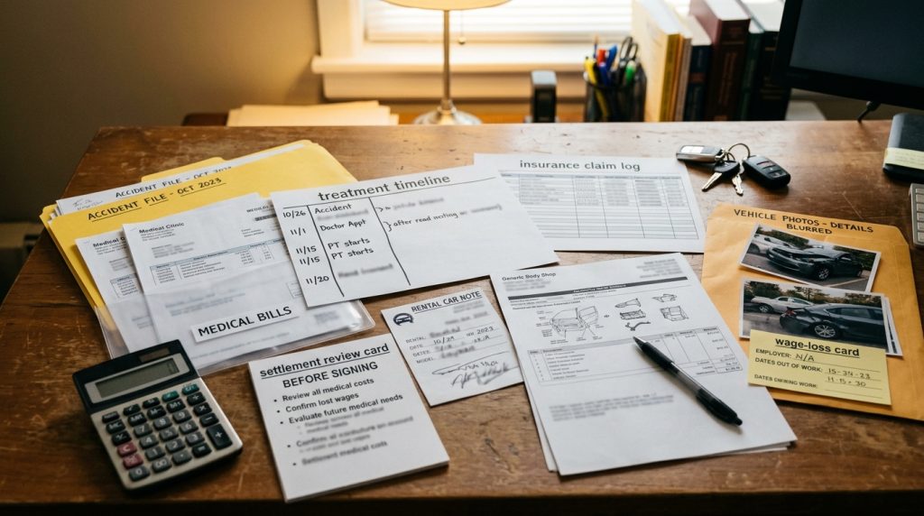Atlanta car accident medical insurance and repair file with treatment timeline claim log repair estimate wage note and settlement review card