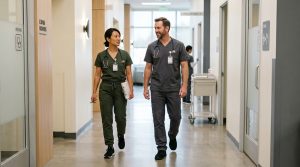 Healthcare workers wearing workwear-inspired medical scrubs in a clinic hallway