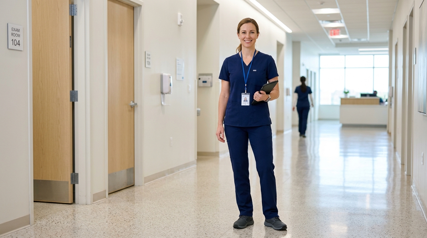 Healthcare worker wearing lightweight modern medical scrubs