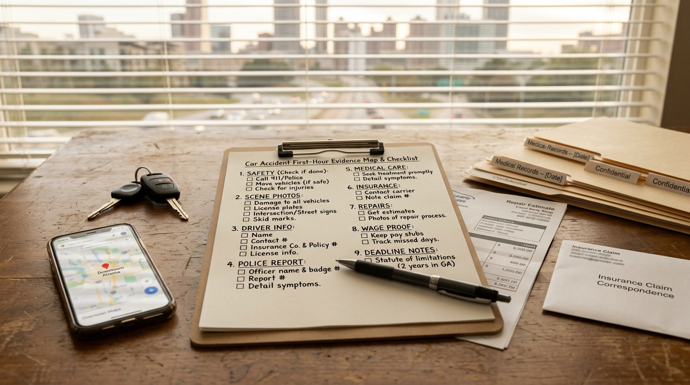 Atlanta car accident first hour evidence map with crash report medical records insurance log repair file camera notes and deadline checklist
