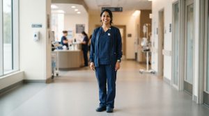 Pregnant healthcare professional wearing comfortable maternity scrubs