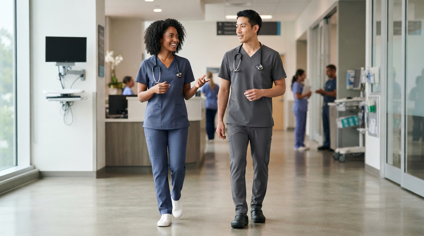 Healthcare professionals comparing cotton-feel and performance scrub fabrics