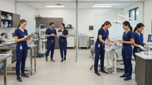 Veterinary and dental healthcare teams wearing coordinated modern EPIC by IRG style scrubs in professional clinic environments