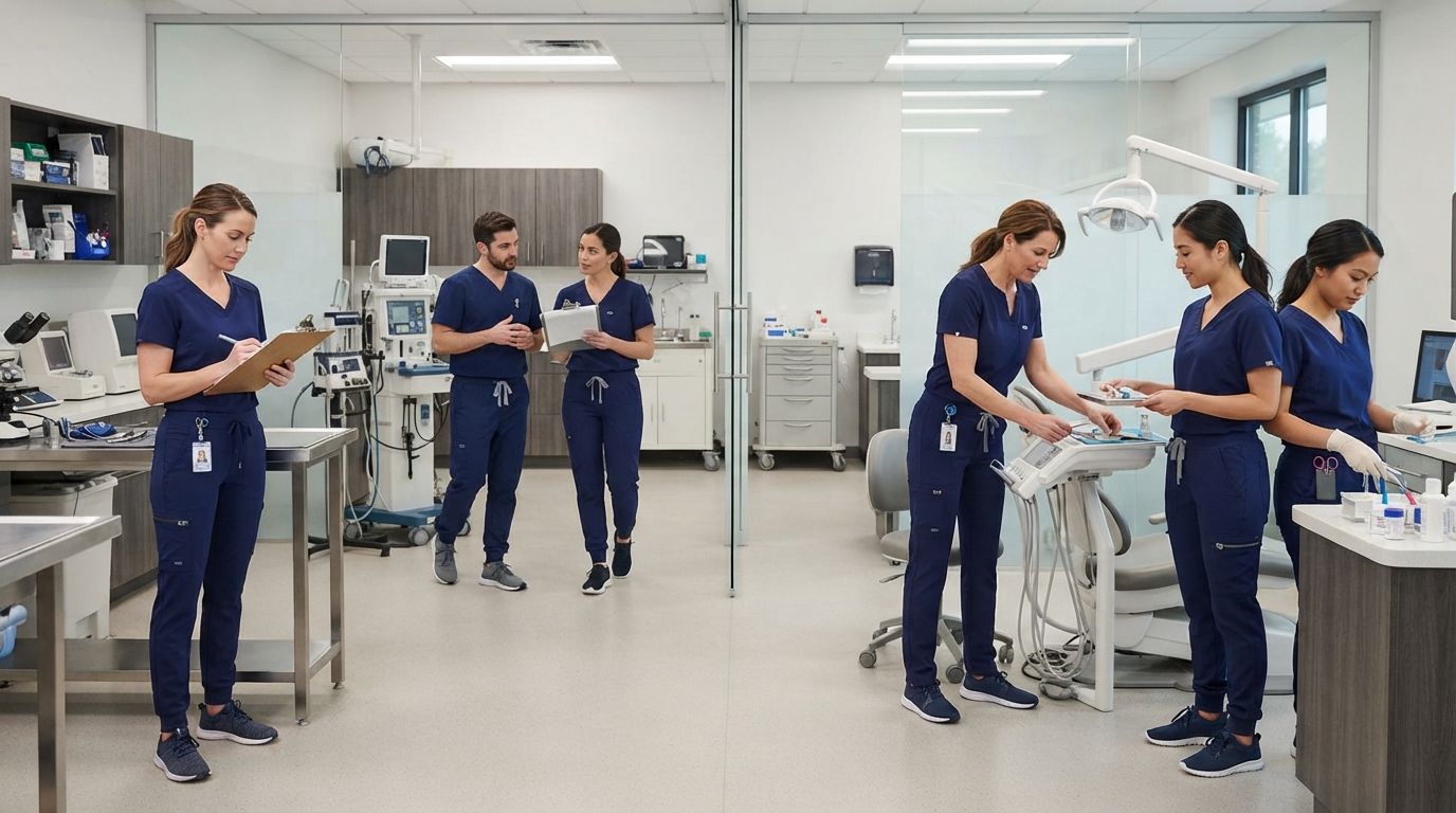 Veterinary and dental healthcare teams wearing coordinated modern EPIC by IRG style scrubs in professional clinic environments