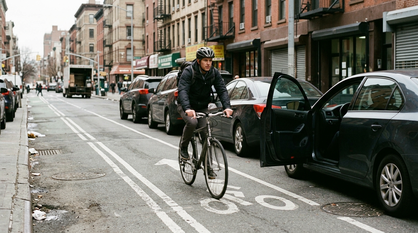 Bicycle dooring accident risk involving an open car door on a New York street